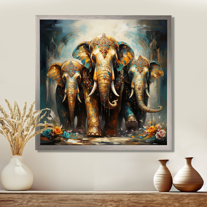 Art asiatique, éléphants thaïlandais X - Art mural asiatique, Cadre photo argenté, H 36 po x l 36 po x P 1,5 po