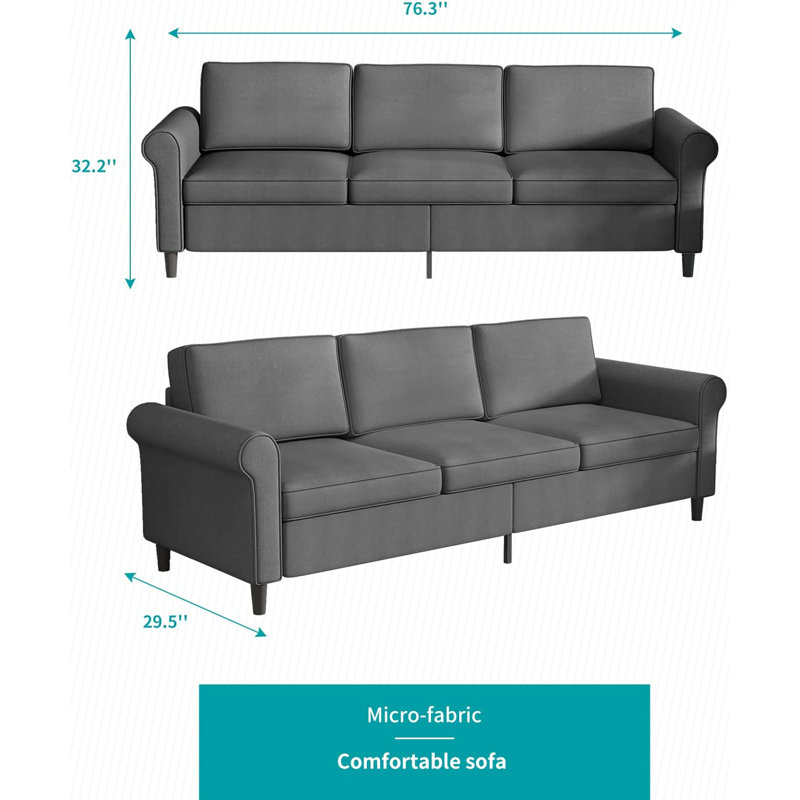 Modern Linen 3-Seater Sofa with Wooden Frame for Apartment, Dark Gray Linen Blend