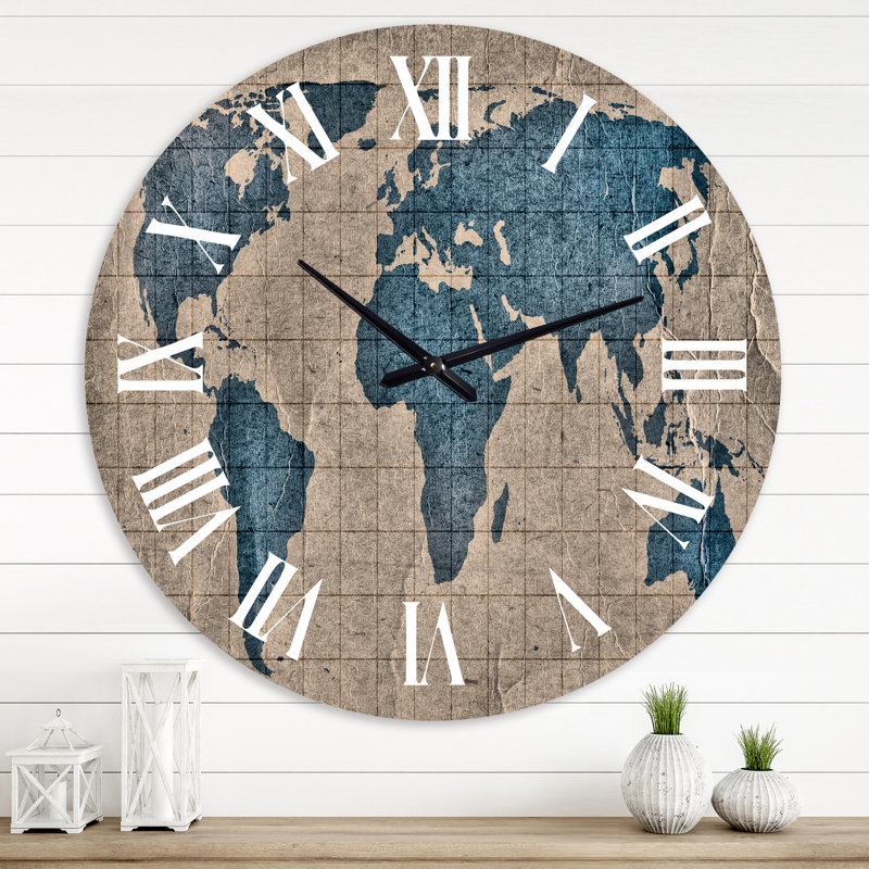 Ancienne carte du monde I - horloge murale rustique, Surdimensionné