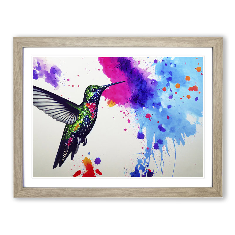 Hummingbird Splash Vol.3 Abstract - Single Picture Frame Painting, 25cm H x 34cm W x 2cm D, Oak