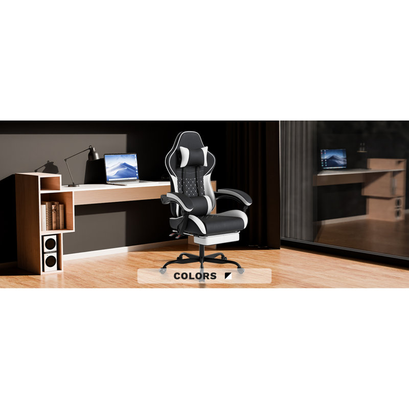 Fauteuil de jeu ergonomique de style course avec support lombaire massant et repose-pieds, Black/White