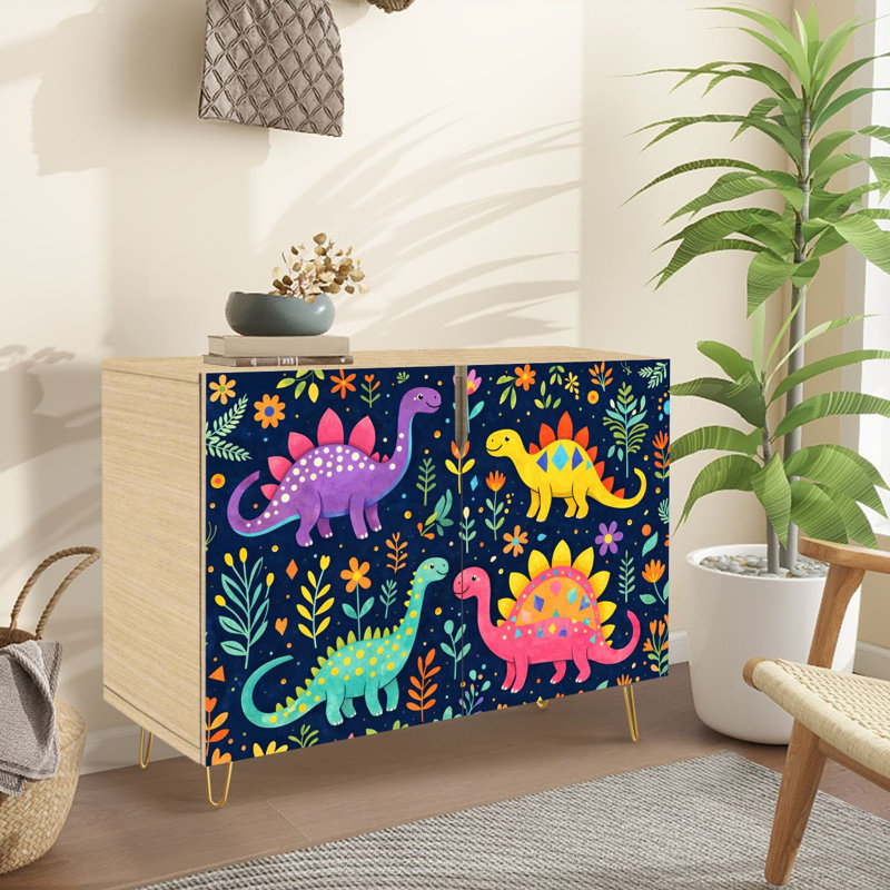 Buffet étroit de 35,4 po de largeur - armoire de rangement décorative à 2 portes avec dinosaures