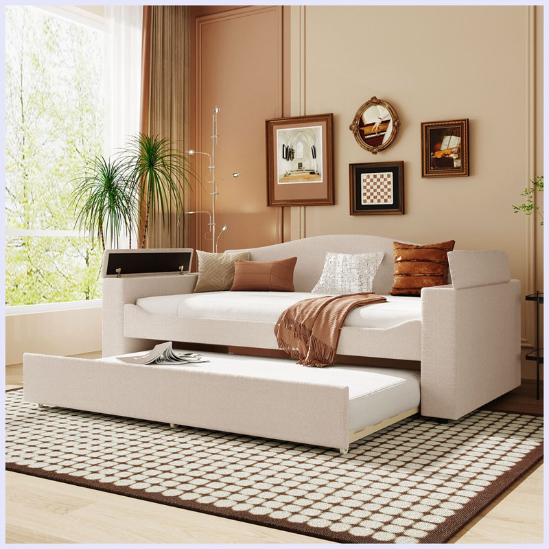 Lit de jour moderne rembourré avec accoudoirs de rangement et couchette, Simple, Beige