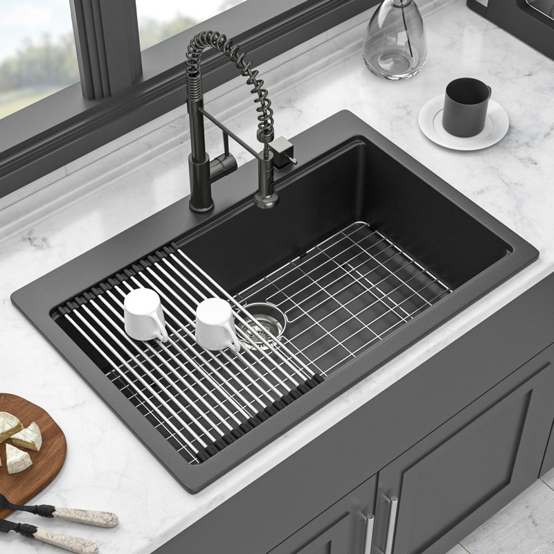 Évier de cuisine encastré 33 po x 22 po en quartz noir, quartz haut de gamme, surface épaisse et résistante, protège les mains et est livré avec les accessoires d'installation.