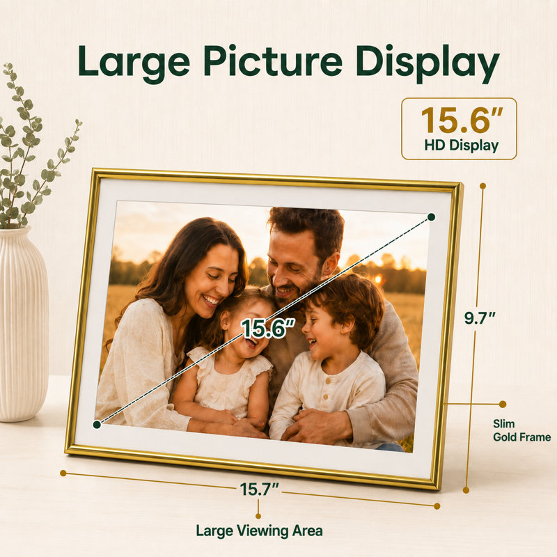  Cadre photo numérique 15,6 "WiFi avec application Frameo, affichage intelligent de photos Full HD à rotation automatique, 32 Go - or