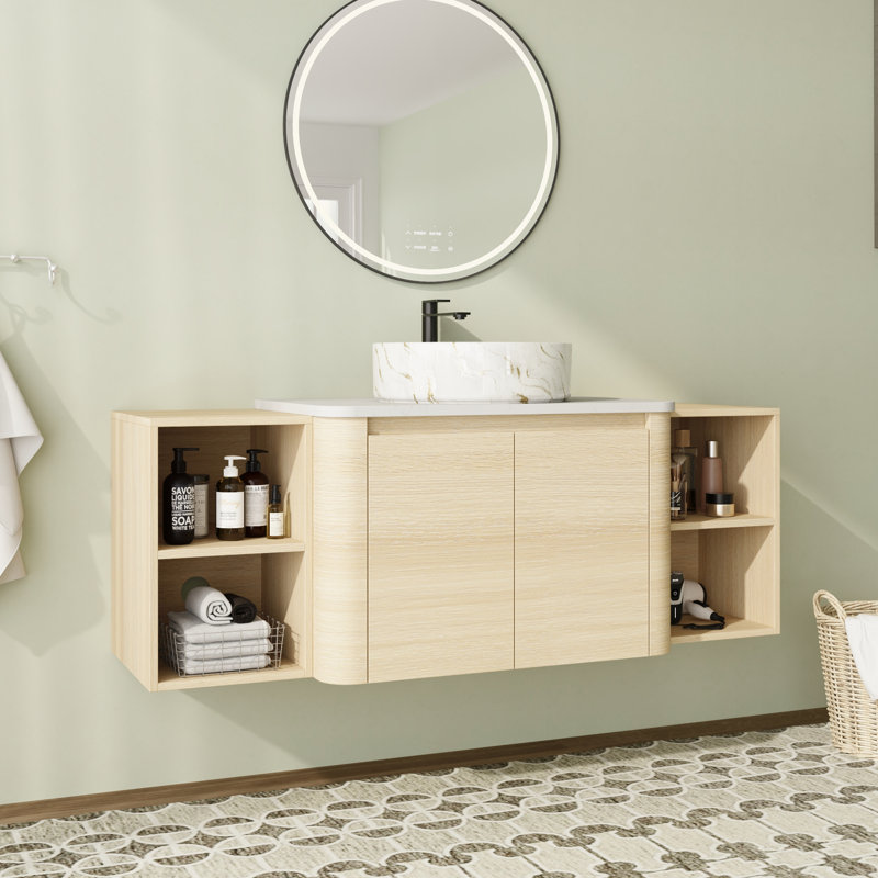Meuble-lavabo simple mural 54 po avec plateau en pierre reconstituée et portes à fermeture en douceur 54 po