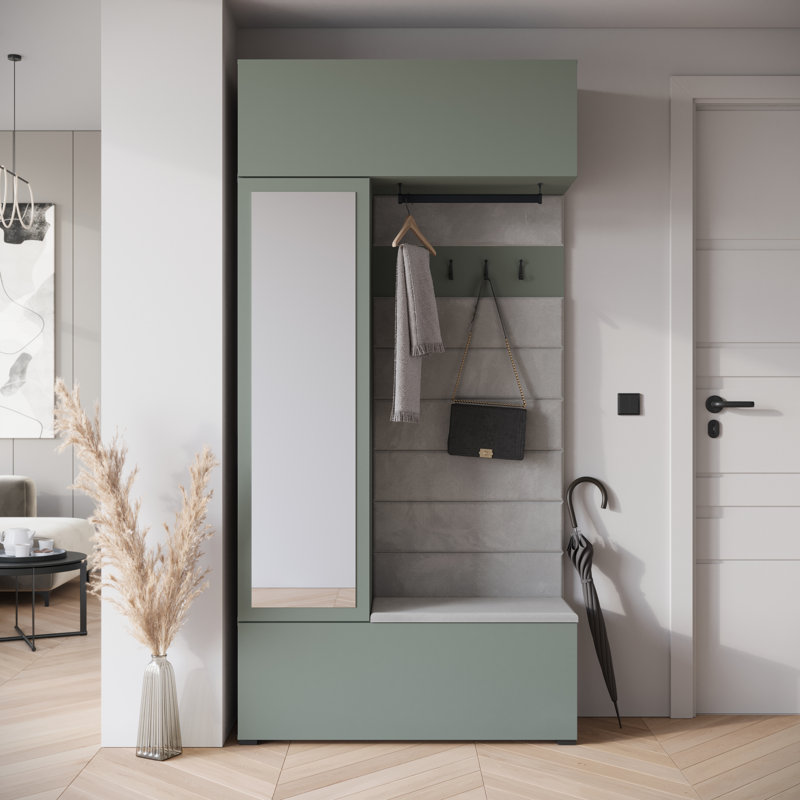 115 cm W Hallway Set with Shoe Storage, Misty Green / Upholstered Panel MONO 244