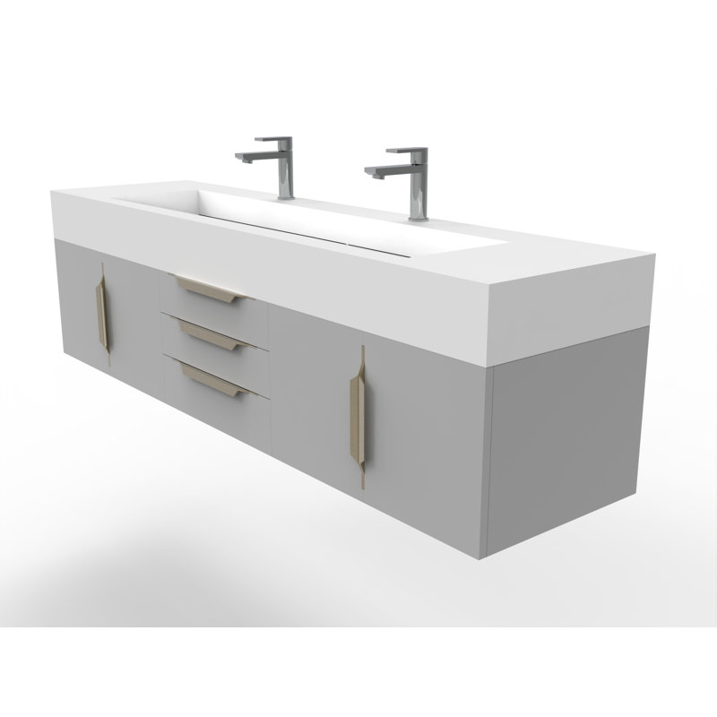 Ensemble de meuble-lavabo mural simple 72 po Nile, Blanc, Doré, gris