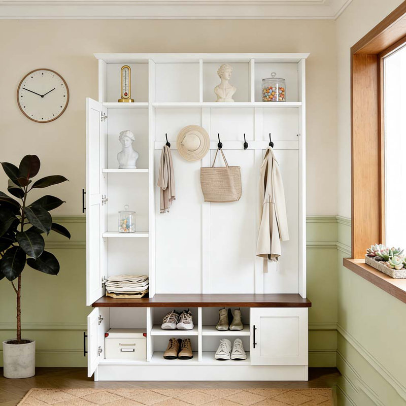 3-in-1 Hall Tree with 6 Hooks, Farmhouse Walnut Storage Bench with Adjustable Shelves, White