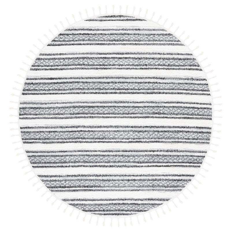 Moroccan Tassel Shag Performance Striped Rug, Round 6'7"