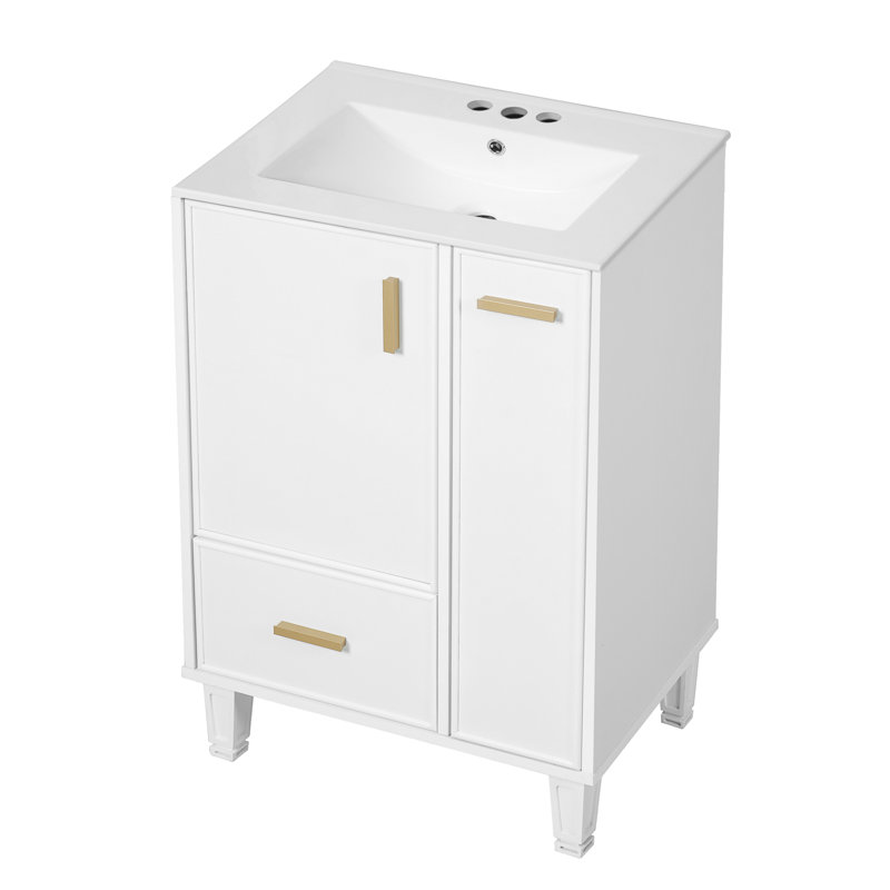 De salle de bain blanc avec lavabo en céramique, armoire à fermeture douce et panier de rangement coulissant