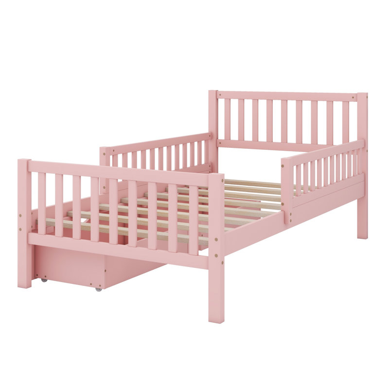 Lit plateforme en bois avec garde-corps des deux côtés et deux tiroirs de rangement, Rose