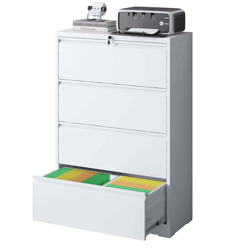 Lateral File Cabinet 4 Drawer, White Filing Cabinet With Lock, Lockable File Cabinet For Home Office, Locking Metal File Cabinet For Legal/Letter/A4/F4 Size