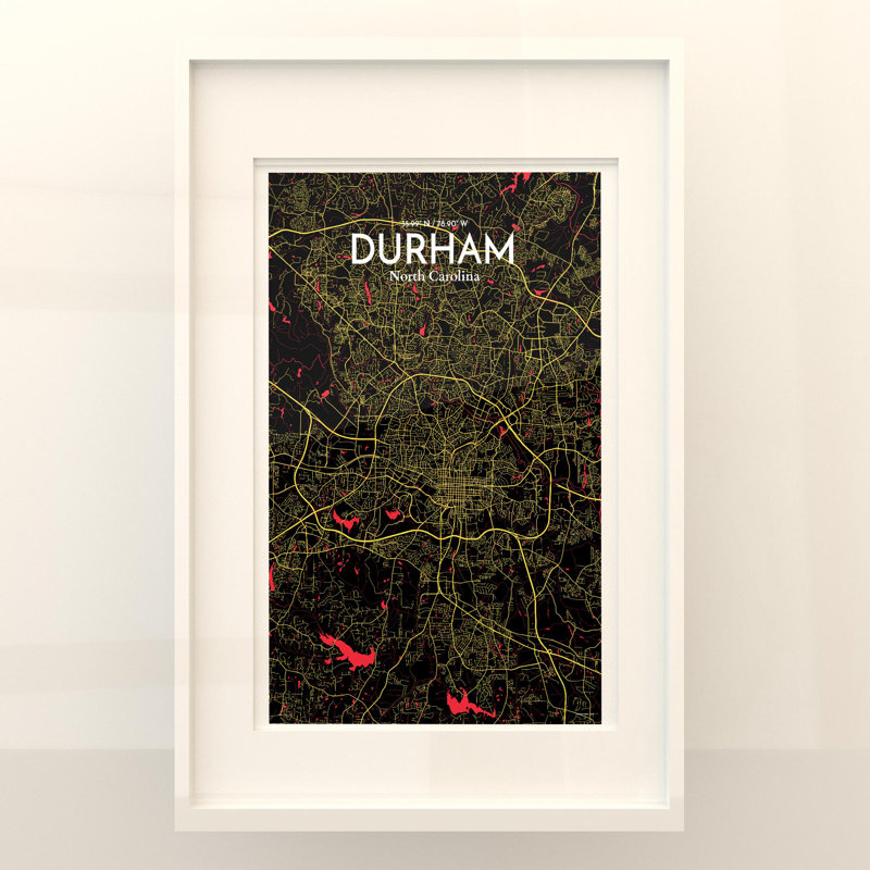 Durham City Map, impression, H 17 po x l 11 po, Noir / rouge / jaune