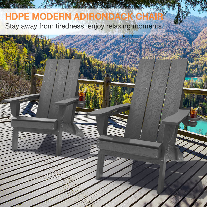 All Weather HDPE Folding Outdoor Adirondack Chair with Cup Holders Durable Oversized Fire Pit Chair Easy Assembly Easy Maintenance Patio Lawn Chair with 380Lbs Load Bearing for Porch, Garden, Backyard, Patio, Deck, Fire pit, Gray