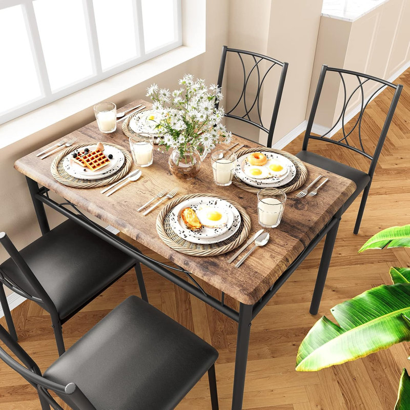 5-Piece Dining Set for 4, Rectangular Table with 4 Upholstered Metal Chairs, Rustic Gray-Brown, Small Apartment, Oak, Oak