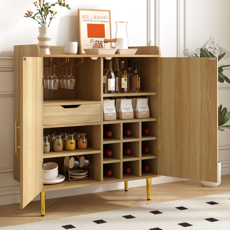 Meuble-bar à café moderne cannelé avec casier à vin à 9 compartiments, tiroir caché et tablettes ajustables, Naturel