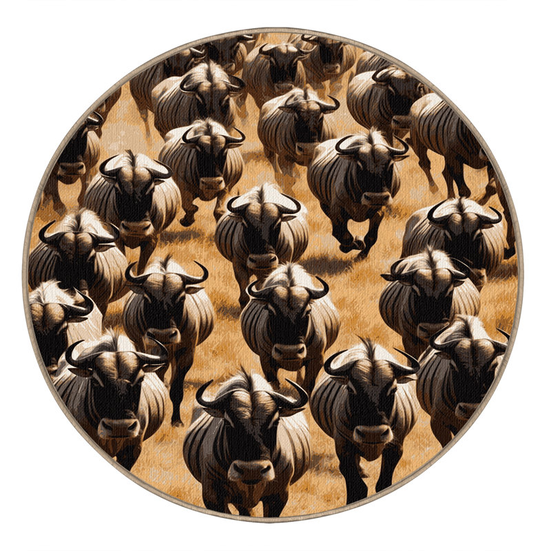 Washable Wildebeest Wildlife Area Rug, Round 8'