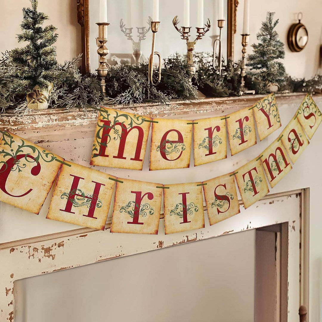 Christmas Decorations - Vintage Merry Christmas Banner - Retro Nostalgic Traditional Old Fashioned Victorian Xmas Holiday Decor For Indoor Home Office Fireplace Mantle Farmhouse The Holiday Aisle®