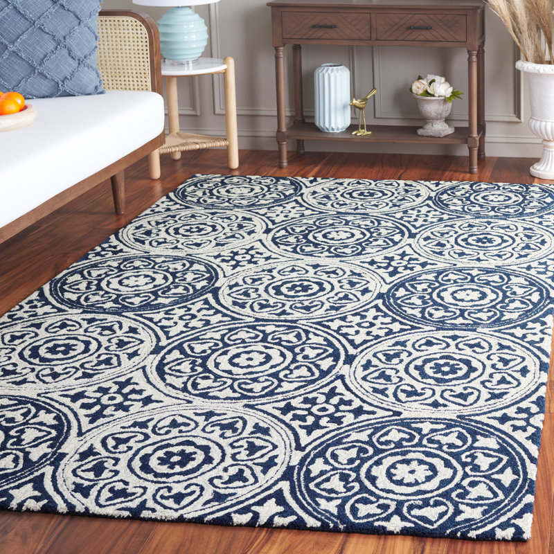 Norissa Hand Tufted Wool/Cotton Geometric Rug in Ivory/Blue, Rectangle 5' x 8'