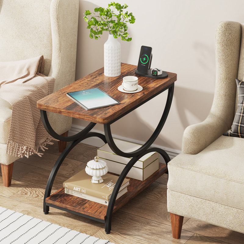 Tashai 2-Tier Rectangular End Side Table with Semicircular Metal Legs, Black, Reddish Brown