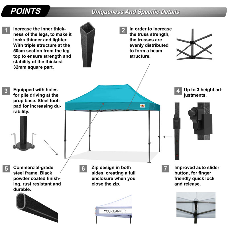 Abri instantané commercial 10 pi The Pop Up Canopies L 10 pi. D Auvent escamotable en métal, Turquoise
