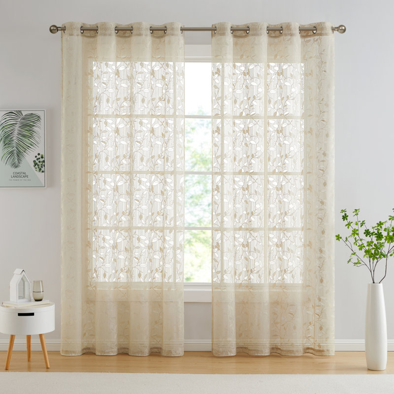 Floral Semi-Sheer Grommet Window Curtain Panels Set, 54" W x 84" L, Linen Taupe