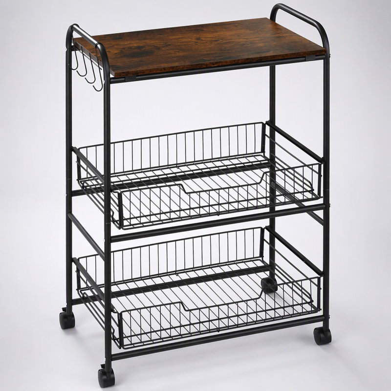 3 Tier Rolling Kitchen Cart with Storage and 2 Sliding Fruit Baskets, Brown