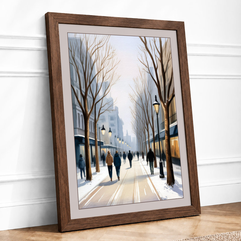 Winter City Street Scandinavian - Framed Print, A3 - 42.0 x 29.7 cm, Walnut