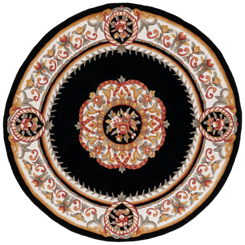 Adenike Hand Tufted Wool Cotton Floral Rug in Black/Ivory/Black/Ivory, Round 6'