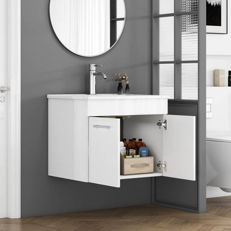 Ensemble de meuble-lavabo mural moderne en MDF blanc brillant