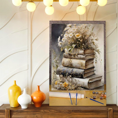 Vintage Books with White Daisy Flowers Canvas Print Shabby Chic Decor Wall Art Print, Living Room Bedroom Office Hallway Decor, Modern Surreal Gallery Wall Accent for Apartment Loft Entryway Home Style