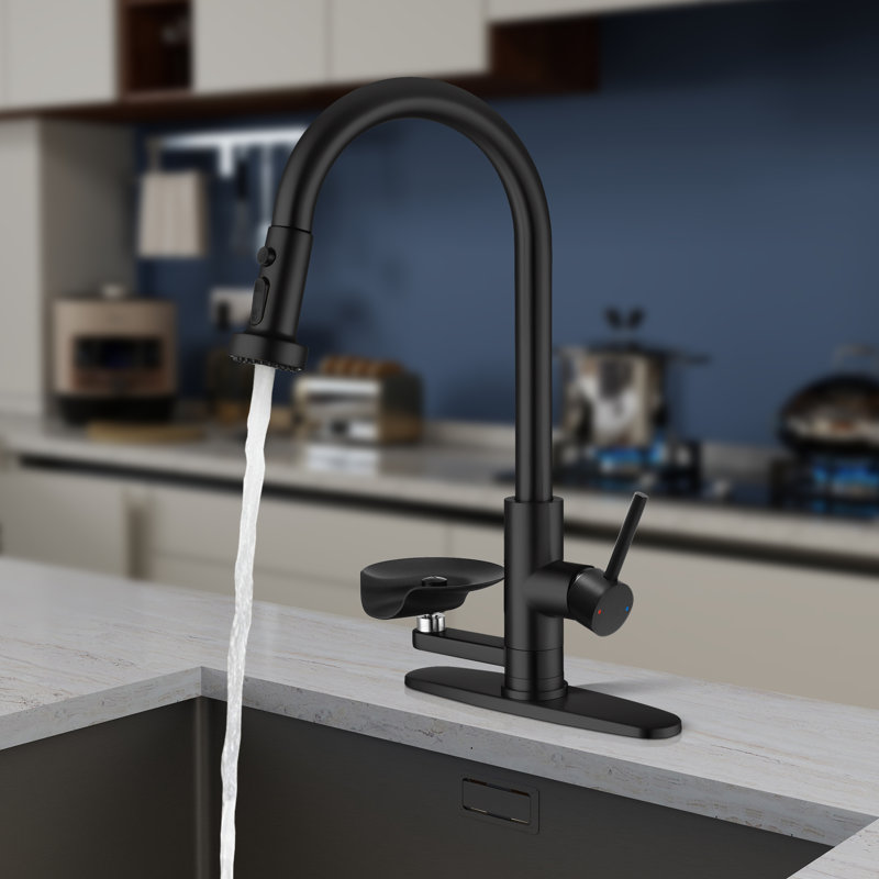 Robinet de cuisine rétractable à un trou à poignée simple avec plaque de base Topcraft, Noir mat