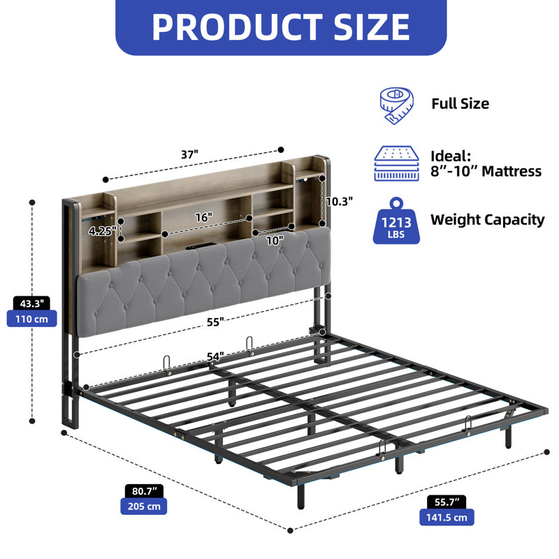 Upholstered Bookcase Storage Bed, Gray, Full