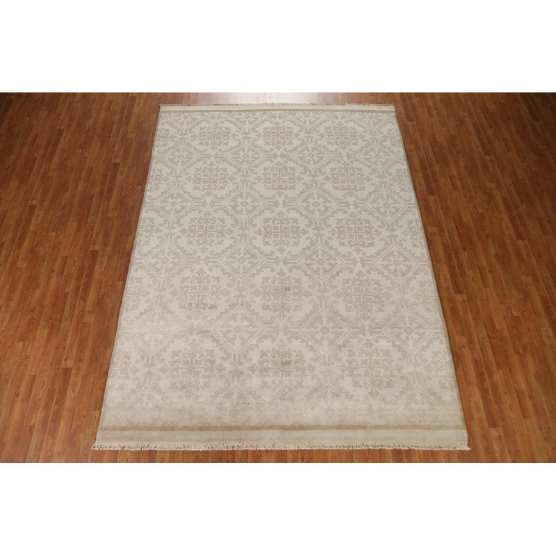Laine beige nouée à la main de conception unique 8 pi x 10 pi 10 po New Age