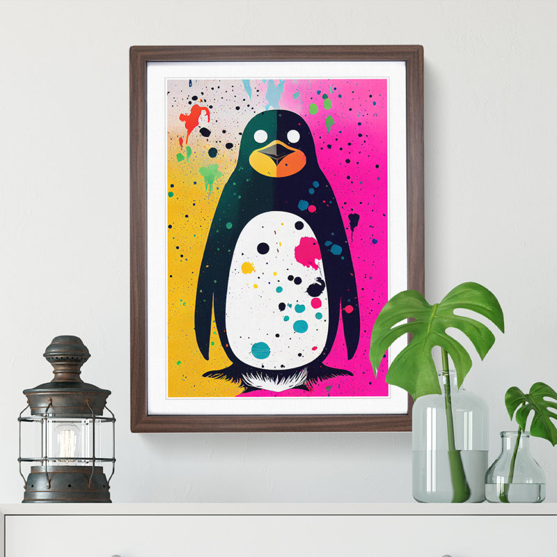 Paint Splash Penguin No.2 - Wall Art, 34cm H x 25cm W x 2cm D, Walnut Framed