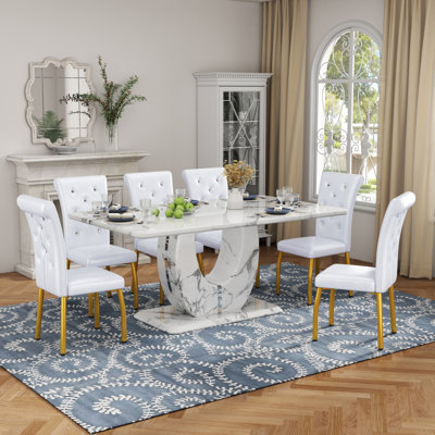 Modern 63" Faux Marble Dining Table Set with Spring-Supported PU Leather Chairs