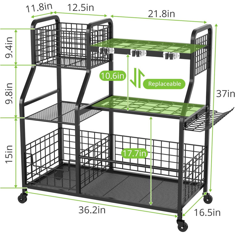Heavy Duty 3-Tier Garden Tool Organizer With Wheels, Storage Basket, And Multi-Function Design For Garage, Shed, Yard, And Basement