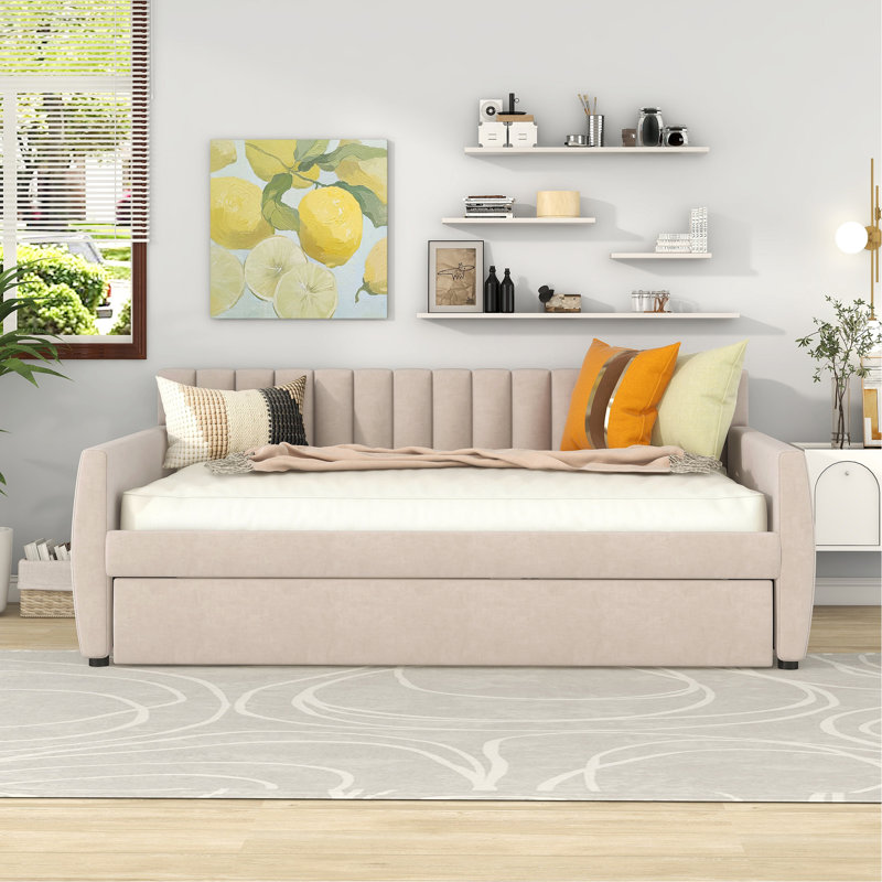 Lit de jour double rembourré avec support pour lit gigogne et lattes de bois, beige, Beige