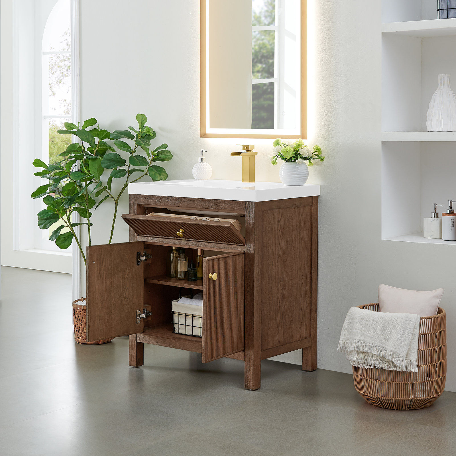 Lala 30" Single Bathroom Vanity in Engineered Stone Integrated Sink without Mirror, Brown Brushed Oak