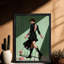 Art floral rétro encadré noir, femme élégante en robe noire-935586129