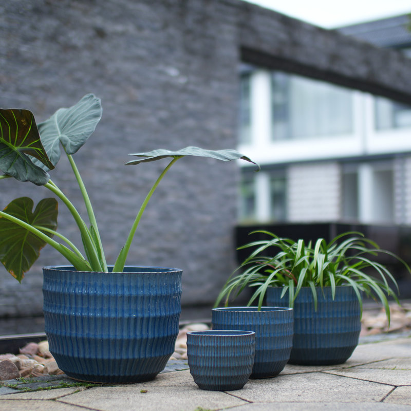 Ensemble de pots à fleurs en céramique de 4, 7/9/12/14 pouces, intérieur et extérieur avec trous de drainage, Bleu indigo