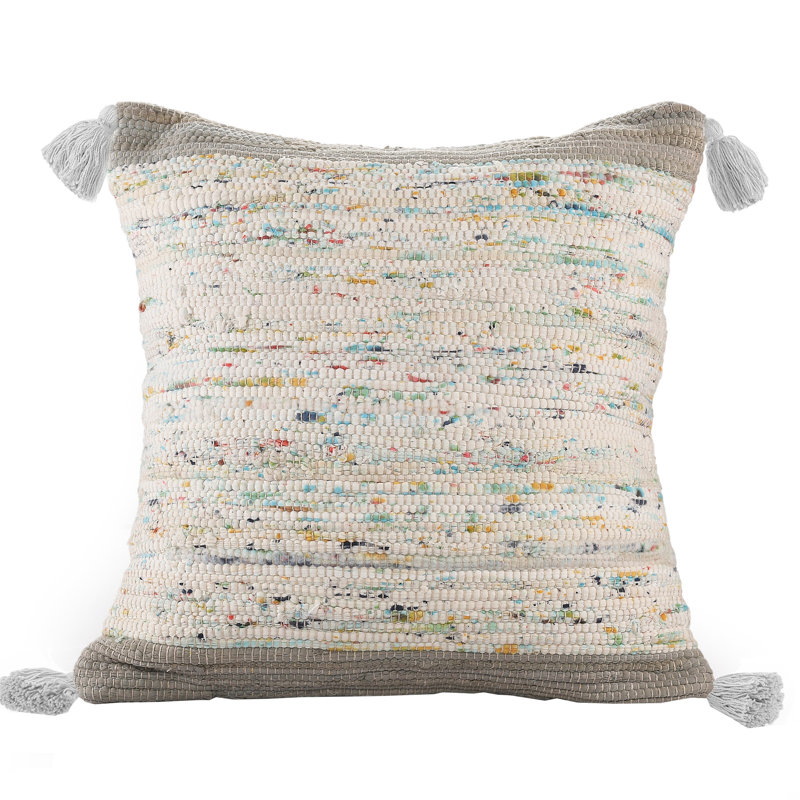 Colorful Abstract Cotton Pillow with Tassels, Gray/Beige, Pillow Cover Only - No Insert