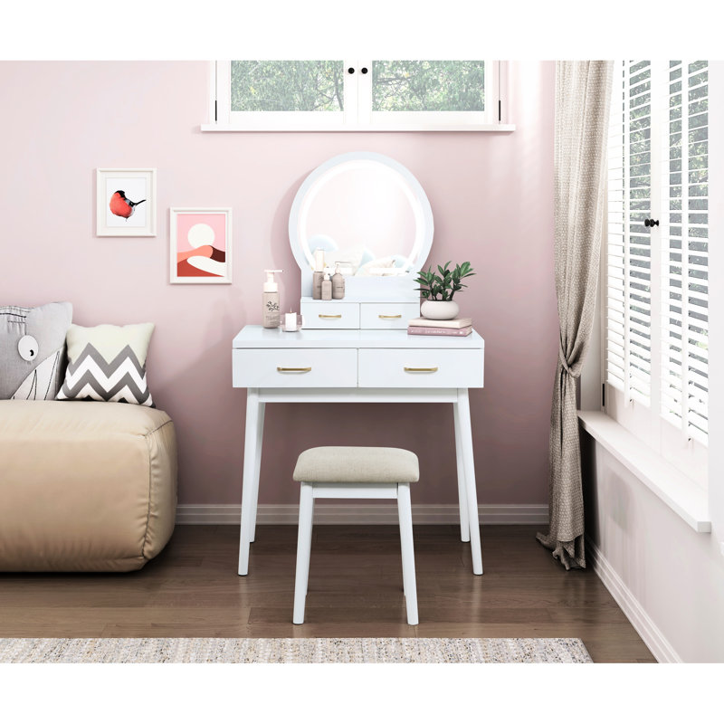 Luxury Vanity In White With Led Lighted Mirror, 4 Drawers And Padded Stool For Bedroom Storage Decoration