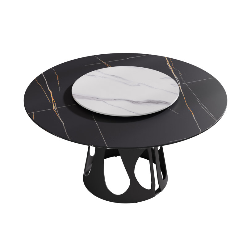 Table de salle à manger 59,05 po ronde en marbre avec base en fer noir, marbre artificiel pour 6 à 8 personnes, table tournante en pierre artificielle blanche 31,5 po, blanc et noir (table de salle à manger seulement)