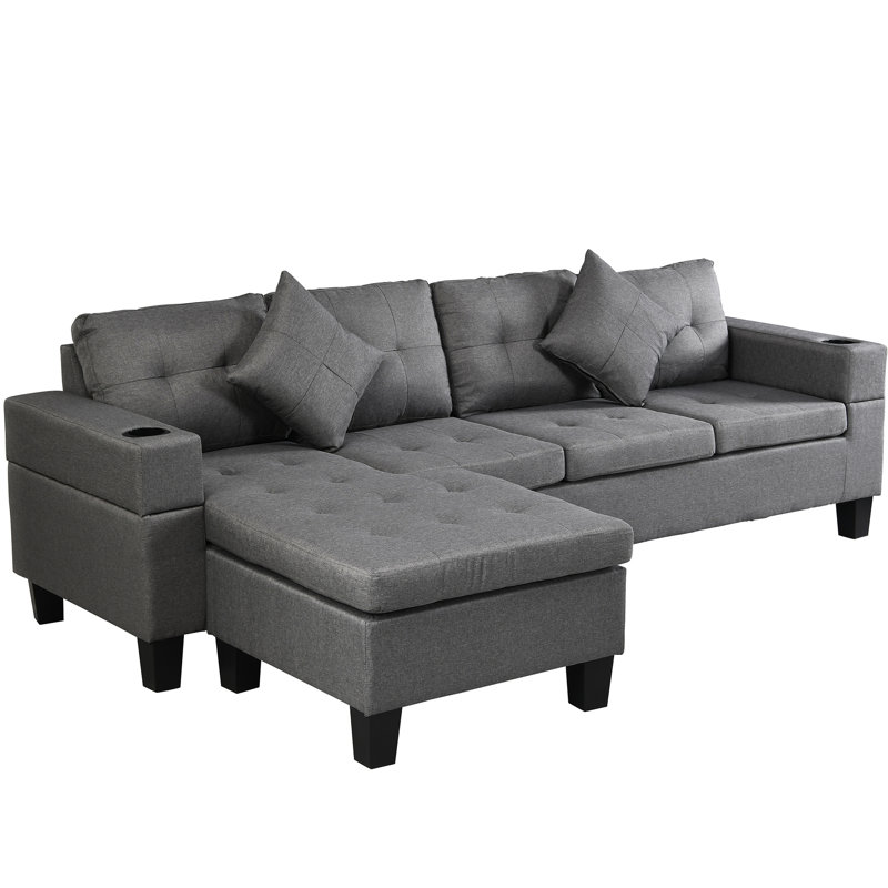 Canapé modulaire à 4 places en faux lin gris avec méridienne et porte-gobelet - forme élégante de 4 L