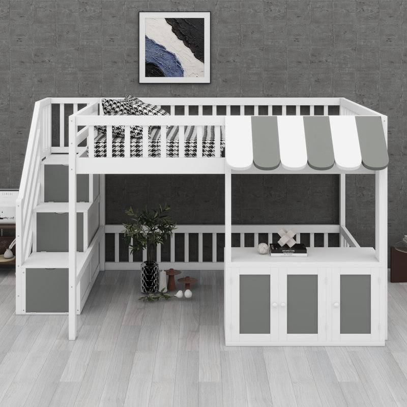 Lit mezzanine avec design cabane de jeu, marches de rangement, éclairage DEL et placards sous le lit, Lit double, White+grey