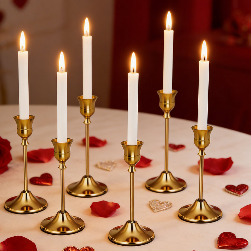 6-Piece Weighted Brass Candlestick Set - Vintage Taper Candle Holders, Heavy Base Metal Home Decor For  Table, Mantel, Gold