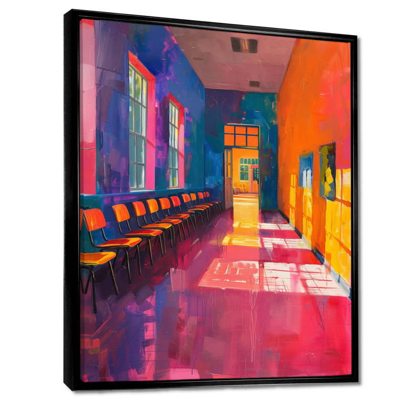 Décoration murale orange et bleue classe créative III - Écoles, Cadre flottant noir, H 32 po x l 16 po x P 1 po