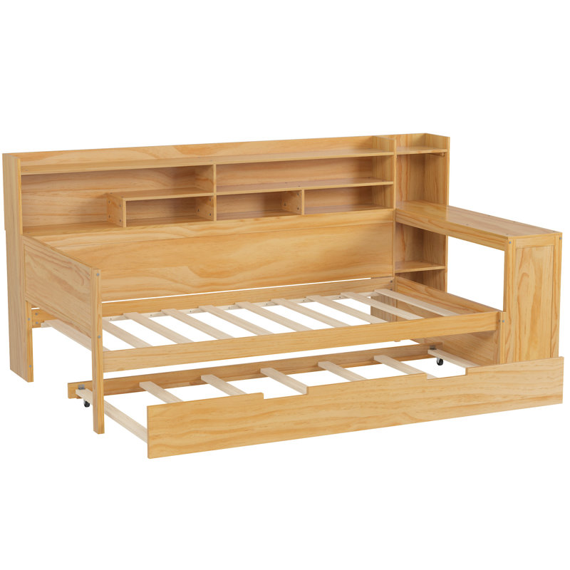 Lit de jour en bois avec lit gigogne et bureau pratique - Étude de rangement en bois de qualité, Lit simple, Naturel